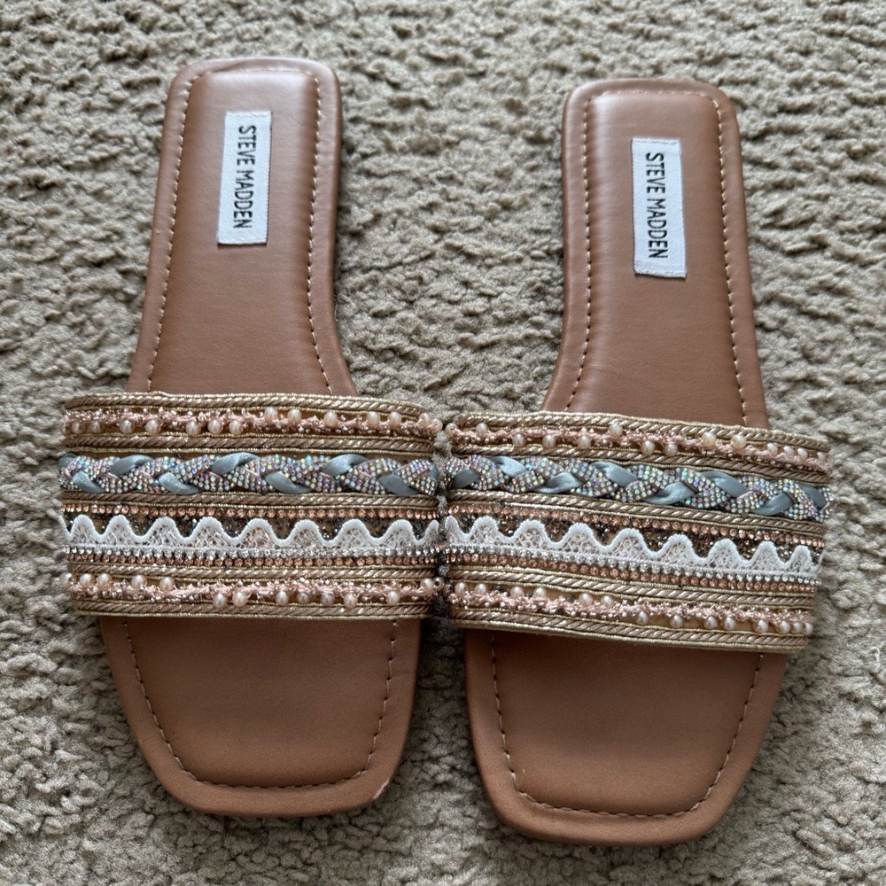 Steve Madden Thread Sandals Size 8 Womens Slide Square Toe Slip-On Shoes - Picture 2 of 6